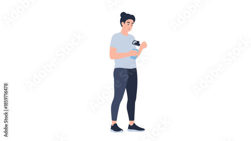 Young woman using a smartphone while standing with a relaxed posture isolated on white background