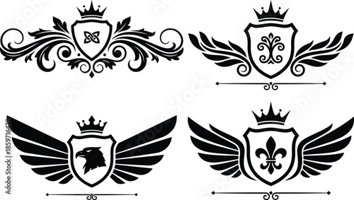 Set of four black and white heraldic crests with crowns, wings, and ornate decorations