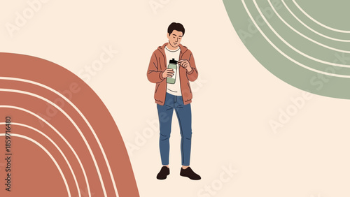 Young woman using a smartphone standing amidst abstract colorful shapes on a minimal background