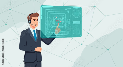 Futuristic support operator interacting with augmented reality interface and network connectivity