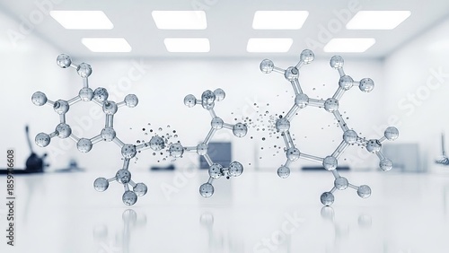 Abstract molecular structures floating against a bright minimalist backdrop