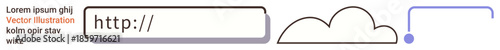 Internet navigation, cloud computing, connection, web hosting, online access, and digital tools. URL bar with a cloud and connection symbol. Internet navigation and cloud computing
