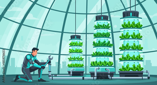 Futuristic vertical farm maintenance inside geodesic dome growing sustainable crops