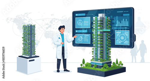 Futuristic vertical farm project presented by scientist for sustainable urban development in