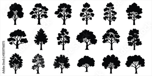 Fifteen black silhouette deciduous trees with full foliage on white background