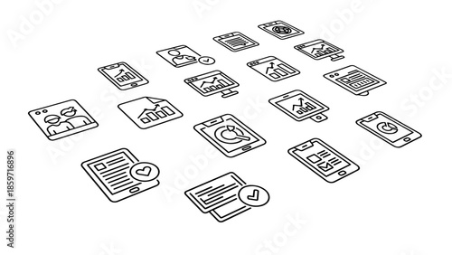 A collection of hand-drawn digital devices and documents with lines and symbols, suggesting business, data, and communication concepts