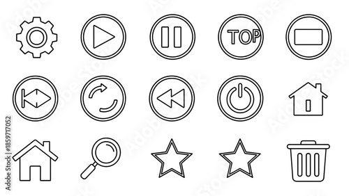A collection of fifteen black and white, outlined icons arranged in rows. They depict common computer and digital symbols
