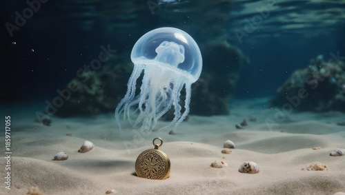 Jellyfish resting on a coin underwater scene.