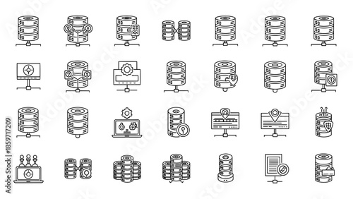 A collection of illustrative icons showcasing various representations of data servers, storage solutions, and network infrastructure concepts