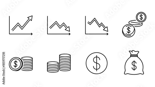 A collection of financial icons, featuring line graphs showing upward and downward trends, stacks of coins, and money bags