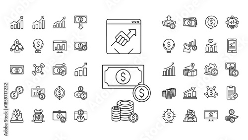 A collection of financial icons, featuring line-drawn depictions of money, graphs, charts, and digital devices representing finance
