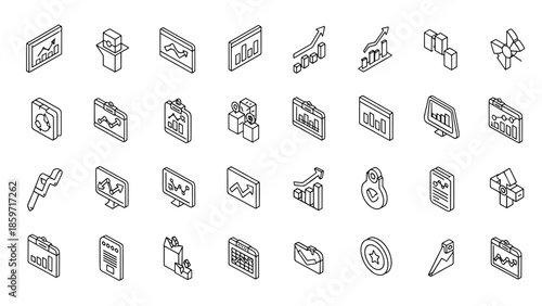 A collection of isometric black and white business icons depicting charts, graphs, data visualization, and analytical elements