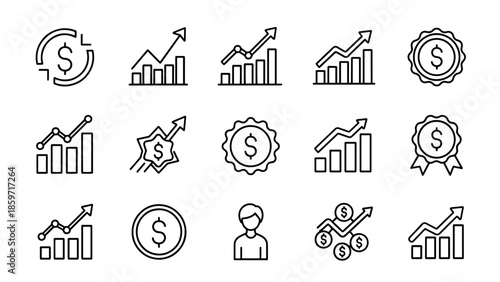 A collection of financial icons in a clean, minimalist style. The designs include charts, coins, and human silhouette, signifying growth, investment, and finance