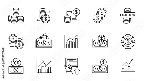 A collection of financial icons in a linear style, including stacks of coins, dollar bills, and charts, with arrows