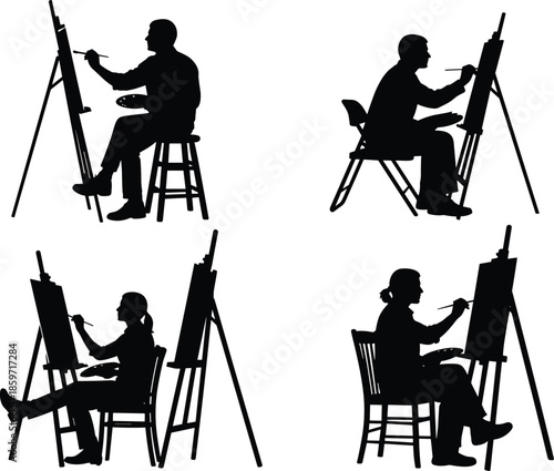 Artist silhouette set showing male and female painters sitting at easels with palettes and brushes isolated on white background design