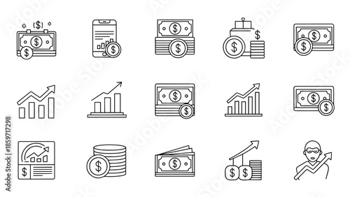 A collection of financial icons in a simple outline style. The icons depict money, charts with rising trends, currency and smartphones