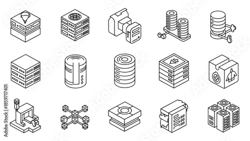A collection of fifteen isometric drawings of tech components, servers, and data storage units in a minimalist style