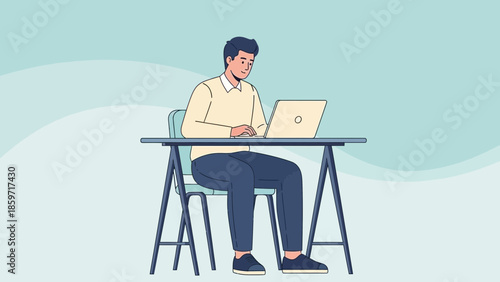 Young man working on a laptop at a desk in a modern indoor office setting