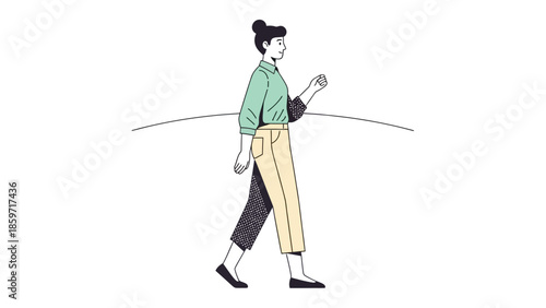 Minimalist Illustration of a Woman Walking on a Line with Casual Outfit and Updo Hairdo