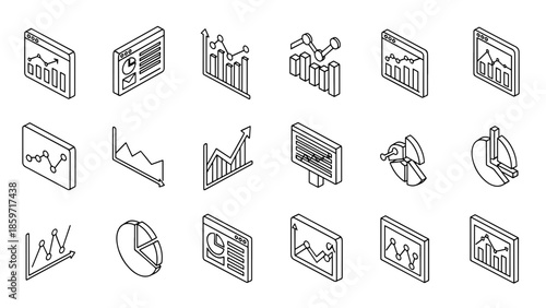 A collection of isometric black and white data visualizations and charts, including bar graphs, line graphs, and pie charts