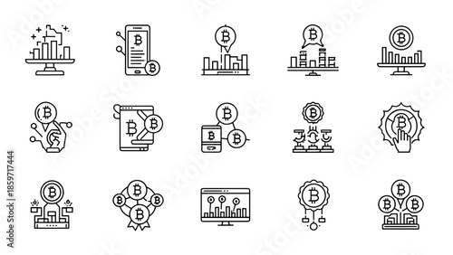 A collection of fifteen black and white digital icons illustrating concepts related to digital currency, cryptocurrency, and financial transactions