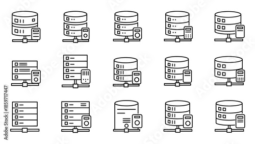 A collection of fifteen black and white icons depicting various data storage and server configurations. The icons feature cylinders and rectangular stacks