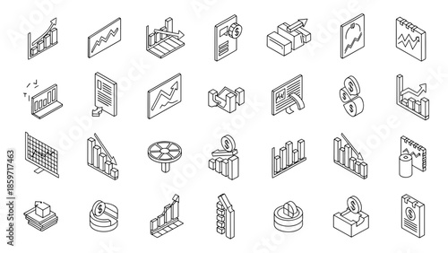 A collection of isometric black and white financial and statistical icons, showing graphs, charts, and dollar signs