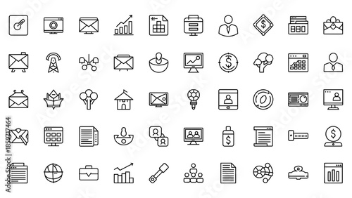 A collection of forty-nine line-art icons, featuring elements from business, communication, and finance, all rendered in black against a white background
