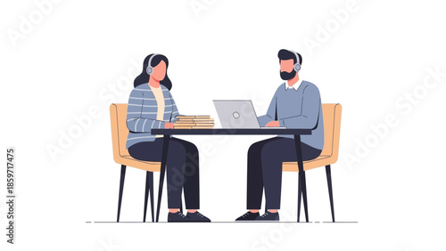 professional virtual interview with two candidates seated at a table wearing headphones and using