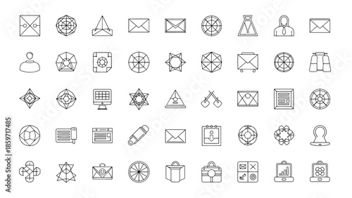 A collection of forty-nine minimalist line art icons, each representing different objects. These include geometric shapes, stationery, and business symbols