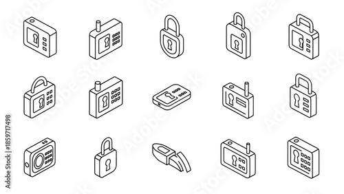 A collection of fifteen isometric illustrations of security devices, including padlocks, safes, and digital security components in outlined black and white