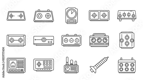 A collection of fifteen minimalist, black and white line drawings showcasing various technical controls and interfaces in a grid layout