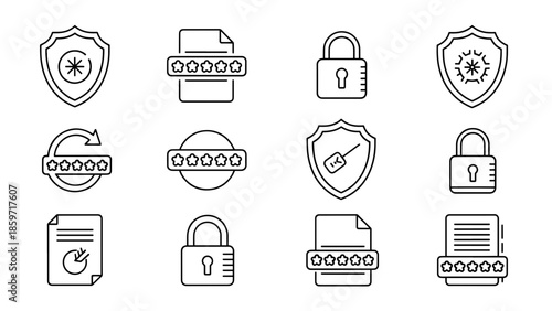 A collection of black and white security-themed icons including padlocks, shields, files with stars, keys and arrows, representing data protection