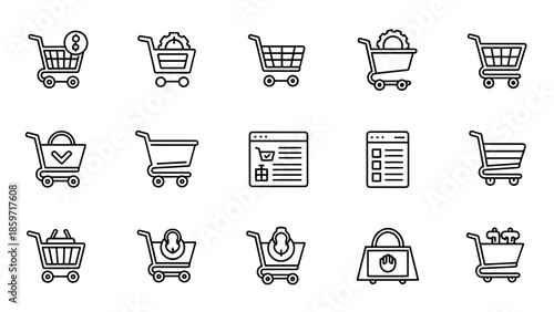 A collection of fifteen minimalist black and white line drawings of shopping carts, some with symbols inside