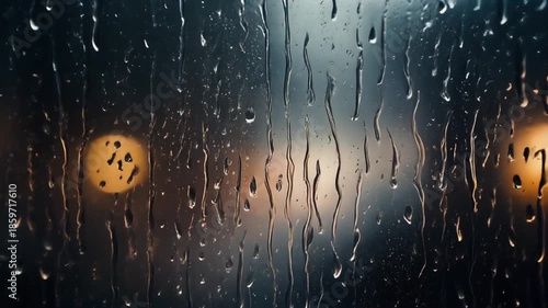 Rainy Night View Through Wet Windowpane.