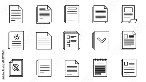 A collection of fifteen minimalist document icons with different layouts and elements, outlined on a white background. Includes lists, checkmarks
