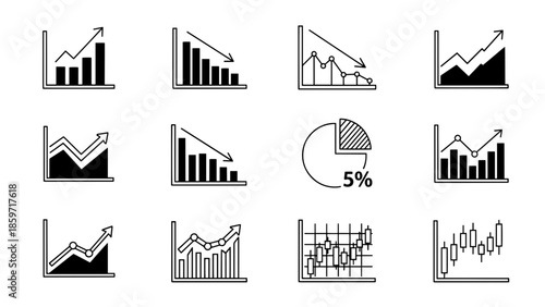 A collection of black and white statistical chart icons, including bar graphs, line graphs, and pie charts