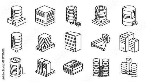 A collection of fifteen black and white, isometric-style illustrations of various technological server designs. These are all rendered as line art