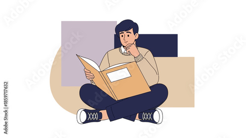 Young man sitting cross-legged on the floor reading a large book with a thoughtful expression