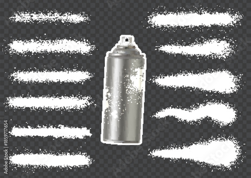 Spray paint streaks and drips with metallic aerosol can on transparent background.