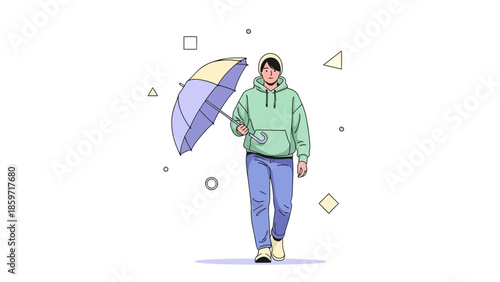 Young person walking with umbrella on a rainy day dressed in hoodie and jeans illustrations