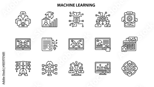 A collection of fifteen black and white line art icons depicting various concepts related to artificial intelligence and technological advancements