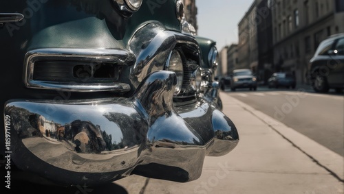 Close up of a vintage car chrome bumper and grille on a sunny day.