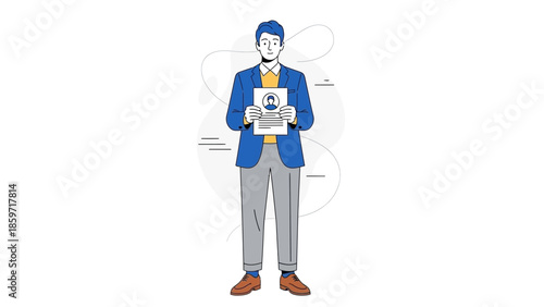 Professional young man holding a resume or ID card in a modern flat illustration style suitable