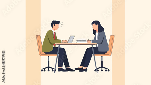Professional Business Meeting Between Two Colleagues in Office Setting with Laptop and Documents