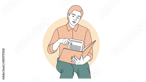 Minimalist Illustration of a Person Reading a Book with Focused Expression