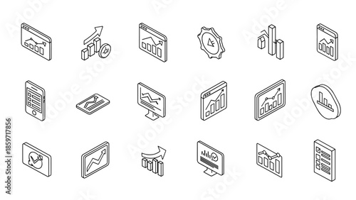 A collection of isometric black and white graphics depicting various business and data analysis icons, including charts, graphs, and devices