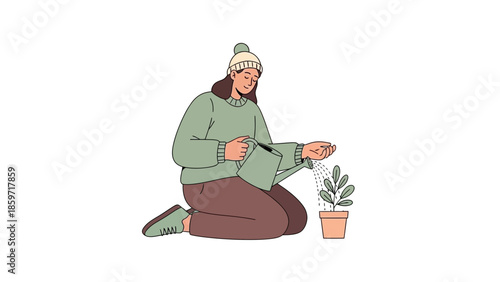 Young woman watering her houseplant while sitting on the floor with a calm expression and wearing