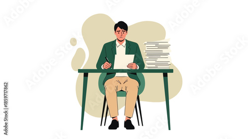 Young man working at desk surrounded by paperwork and documents in an office environment