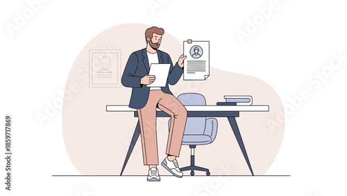 Professional man in office setting reviewing resume and holding a document with a laptop on the desk